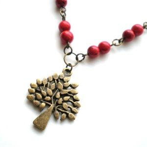 Handmade Red Beaded Brass Tree Necklace